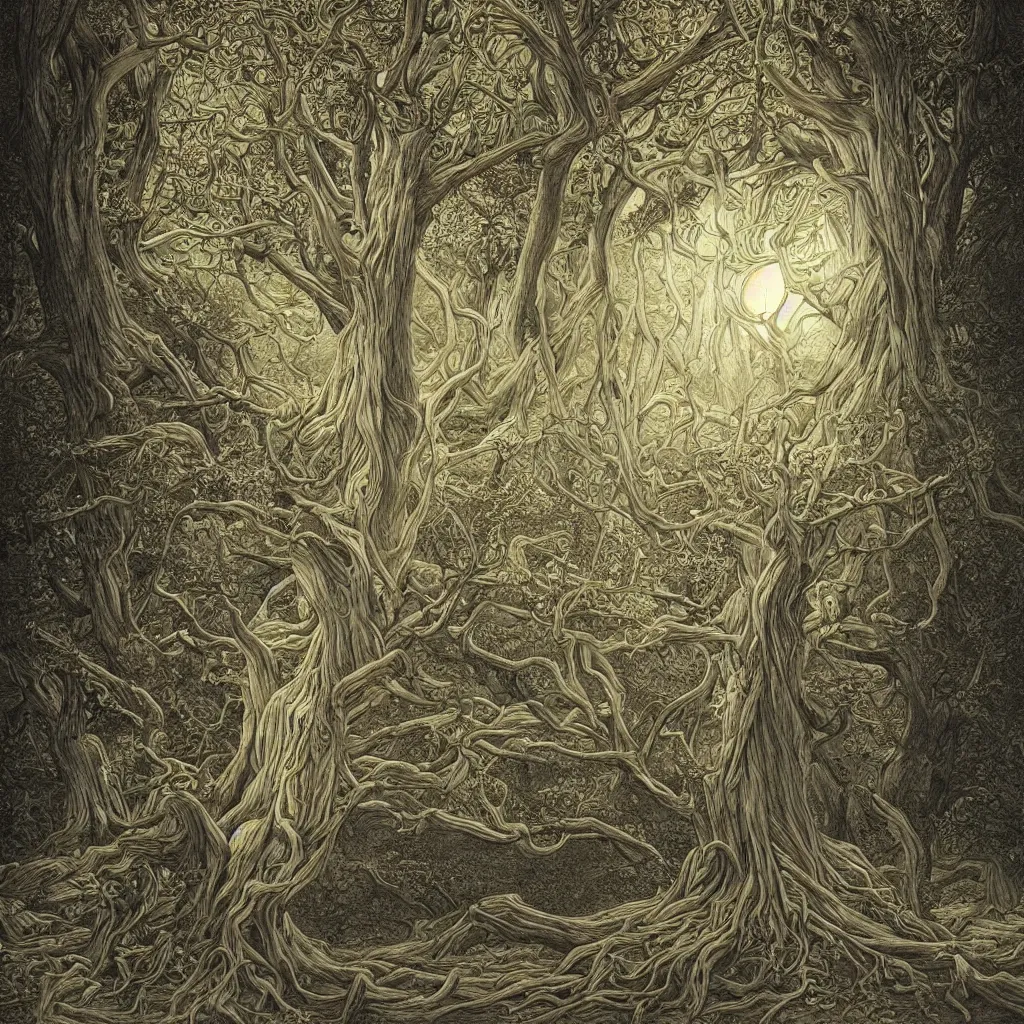 Image similar to tree of life, yggdrasil, moody lighting, by moebius, by laurie lipton