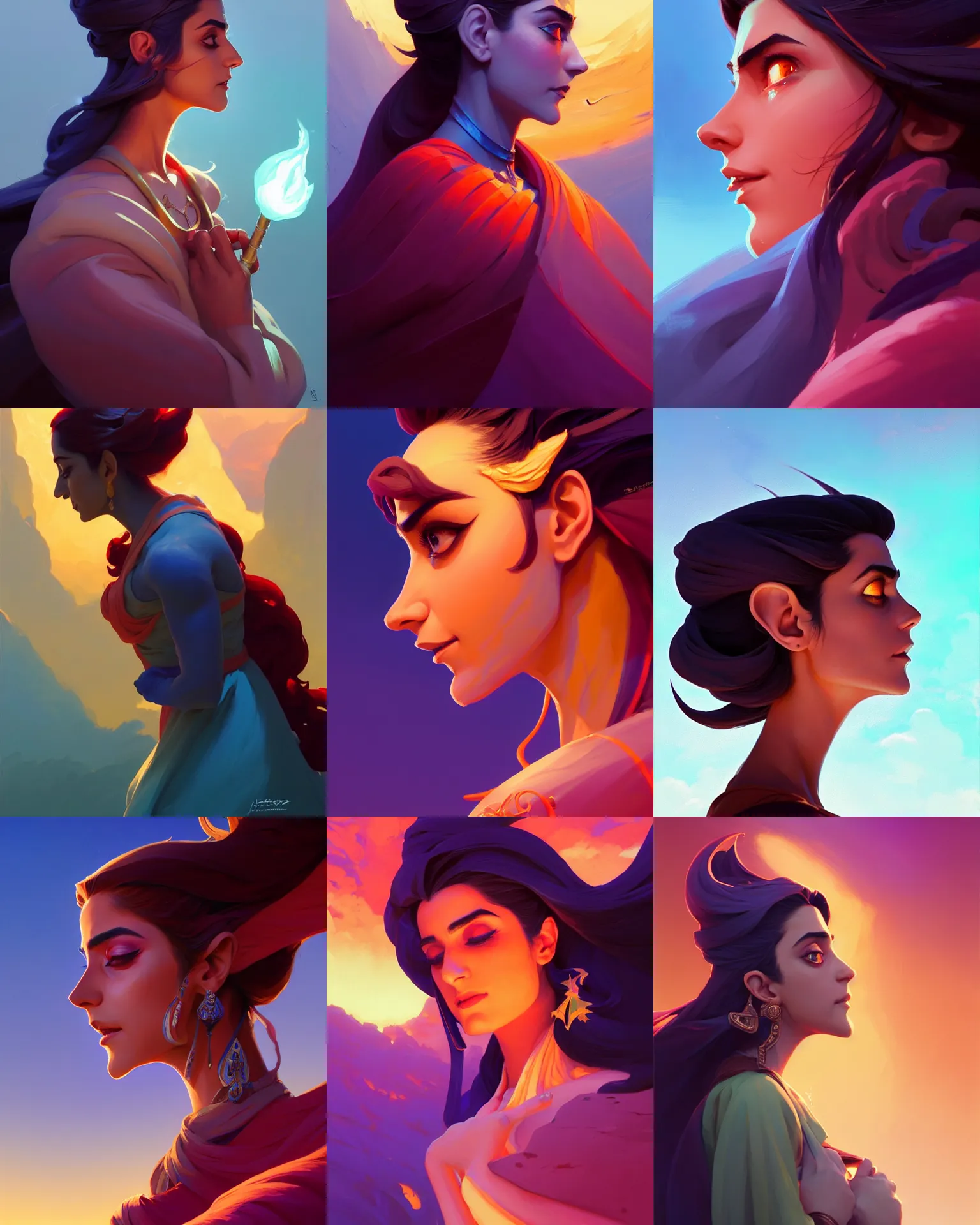 Prompt: side - profile painted portrait, maya ali as a sorcerer, backlit, key lighting, smooth, fantastically gaudy colors, octane render, dota matte painting concept art, official fanart behance hd artstation by jesper ejsing, by rhads and makoto shinkai and lois van baarle and ilya kuvshinov and rossdraws, mucha