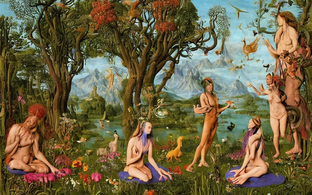 Image similar to a photograph of a meditating centaur shaman and a harpy mermaid feeding animals. surrounded by bulbous flowers, animals and a few trees. river delta with mountains and cliffs under a blue sky full of burning stars and birds. painted by jan van eyck, max ernst, ernst haeckel, ernst fuchs and artgerm. trending on artstation