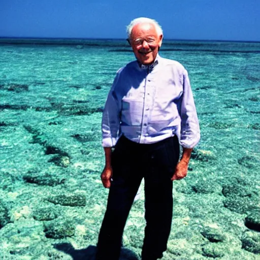 Image similar to a smiling old man standing on the sea floor