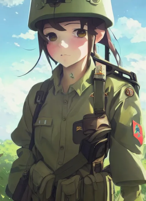 Prompt: portrait of cute soldier girl, cloudy sky background lush landscape illustration concept art anime key visual trending pixiv fanbox by wlop and greg rutkowski and makoto shinkai and studio ghibli and kyoto animation soldier clothing military gear realistic anatomy mechanized