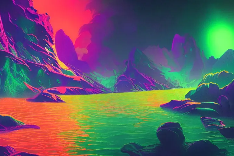 Image similar to wide ((wide)) photo of beautiful Jesse Faden (((dynamic neon lighting)) in chromatic dmt trippy lake with glowing birds, mountains, elegant, highly detailed, sharp focus, illustration, beautiful, geometric, trending on artstation, cinematic, artwork by Tran, Ross and Aivazovsky, Ivan