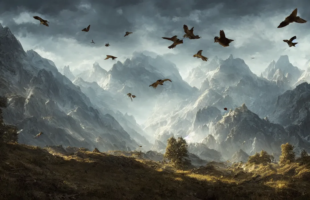 Image similar to a huge swiss landscape in the style of martin deschambault, nicolas bouvier, detailed dreamscape, hyperreal phantastic, intricate details in environment, golden ratio, high aestehtic, cinematic light dramatic light, lightrays, flying birds in distance, photobash, hyperreal 4 k