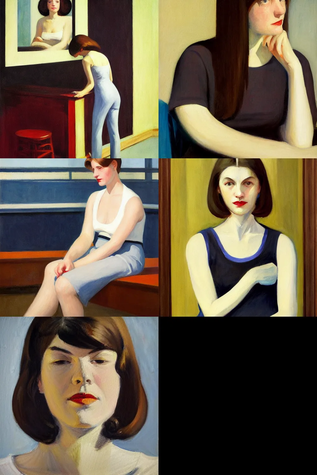 Prompt: an hd painting of a woman by edward hopper. she has long straight dark brown hair, parted in the middle. she has large dark brown eyes, a small refined nose, and thin lips. she is wearing a t - shirt with the supreme brand logo lettering on it, a sleeveless white blouse, a pair of dark brown capris, and black loafers.