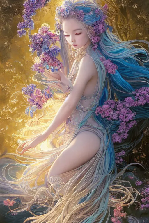 Prompt: breathtaking detailed painting by pilyeon and yuumei art of a full shot queen with long flowing bright blue hair, long dress and pastel flowers petals and golden tumultuous clouds, symmetrical facial features, at dawn in front of a pristine golden art nouveau cathedral, elegant, volumetric lighting, highly detailed, artstation, concept art, matte, sharp focus,