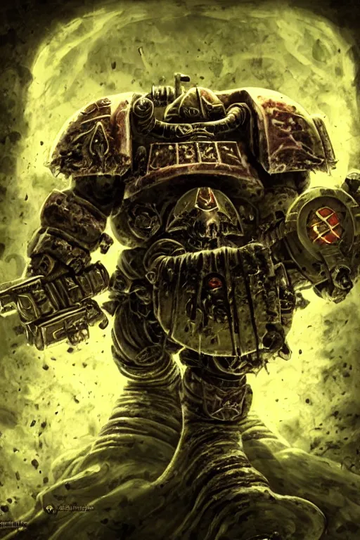 Prompt: a nurgle space marine, warhammer 4 0 k, chaos, highly detailed, digital art, sharp focus, ambient lighting, trending on art station