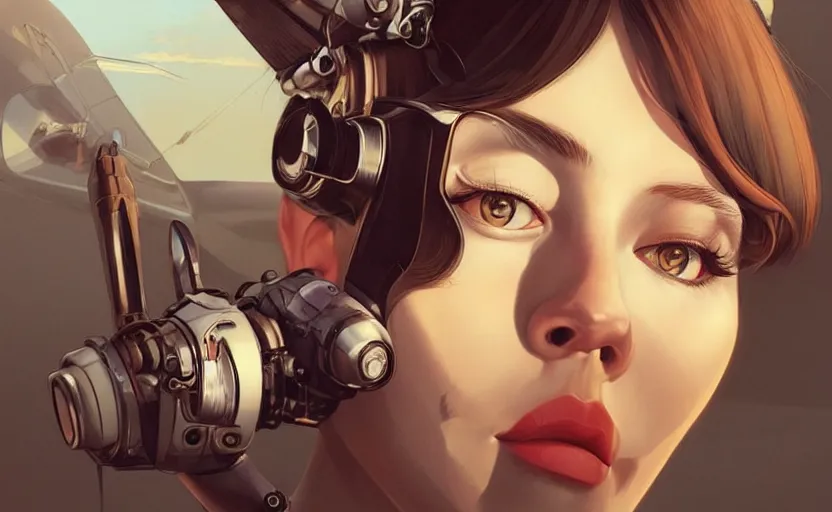 Image similar to pilot girl in her airplane, cyborg parts, vintage clothing, occlusion shadow, specular reflection, rim light, unreal engine, range murata, artstation, pinterest, art by hiroaki samura and ilya kuvshinov and rossdraws, intricate, highly detailed 8 k, art deco illustration, extremely beautiful shape of face, neck, shoulders eyes