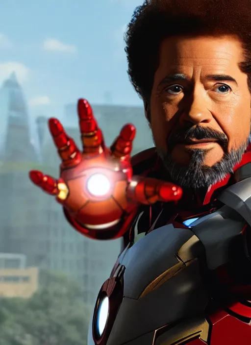 Image similar to film still of Bob Ross as Tony Stark in Iron Man, 4k