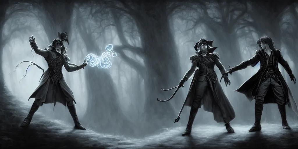 Prompt: two magicians dark and white are armed with magical items, duel, fantastic, fantasy, panting by greg rutkowki, fantasy world, final fantasy, by thomas kinkade, 8 k