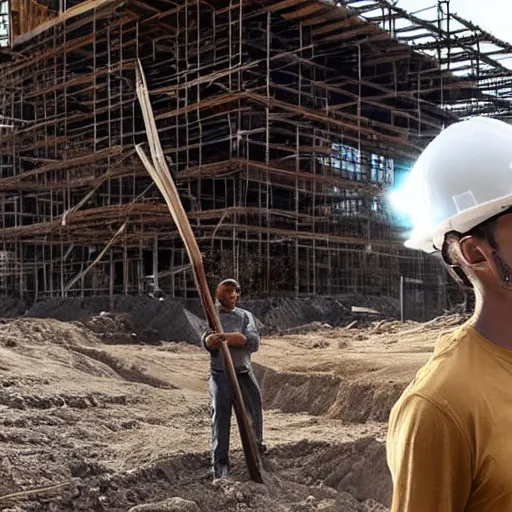 Image similar to a person wearing a crown who is supervising on a construction site and a leader of the team. holding a spear