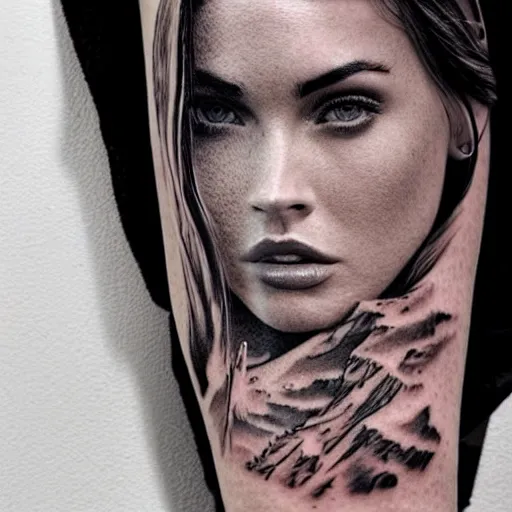 Image similar to tattoo design sketch with double exposure effect, megan fox face faded with beautiful mountain scenery, in the style of matteo pasqualin, amazing detail