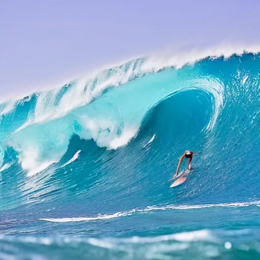 Image similar to a tunnel wave at teahupo'o with a very old woman dropping in an an ironing board