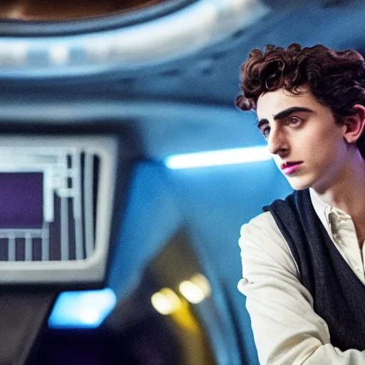 Image similar to timothee chalamet sitting at quark's bar on deep space nine, 3 5 mm photography, highly detailed, cinematic lighting, 4 k