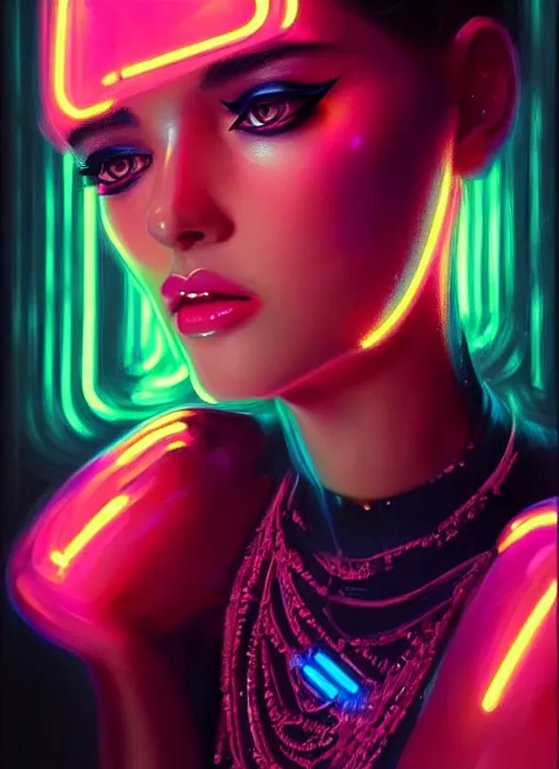 Image similar to photorealistic portrait of female humanoid, cyber neon lights, highly intricate, retro 6 0 s haute couture fashion, elegant, highly detailed, crispy quality, trending on artstation, trending on pinterest, glamor pose, no signature, no watermark, art by artgerm and greg rutkowski