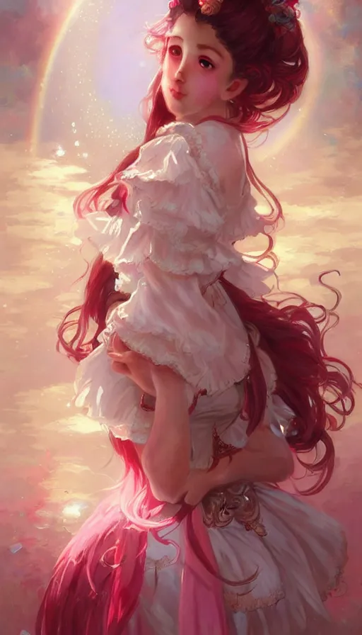 Prompt: portrait of magical lolita girl, dreamy and ethereal, RED eyes, peaceful expression, ornate frilly dress, fantasy, intricate, elegant, rainbow bubbles, highly detailed, digital painting, artstation, concept art, smooth, sharp focus, illustration, art by artgerm and greg rutkowski and alphonse mucha