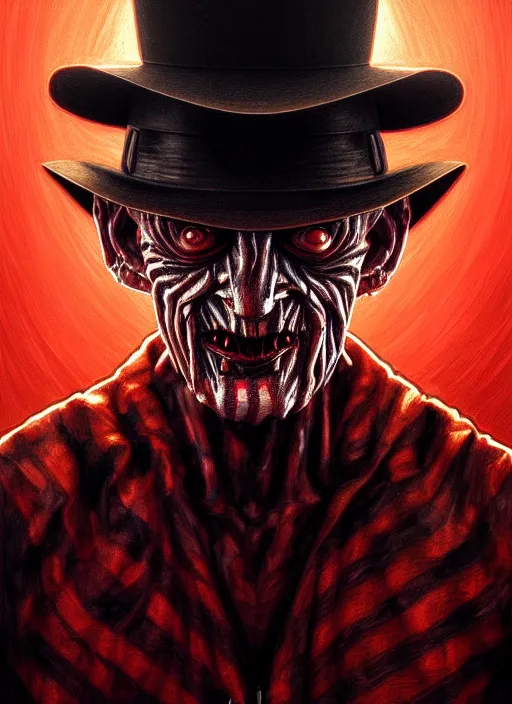 Image similar to symmetry!! portrait of freddy krueger, horror, moody lights!! intricate, scary, highly detailed, digital painting, artstation, concept art, smooth, sharp focus, illustration, art by artgerm and greg rutkowski and alphonse mucha