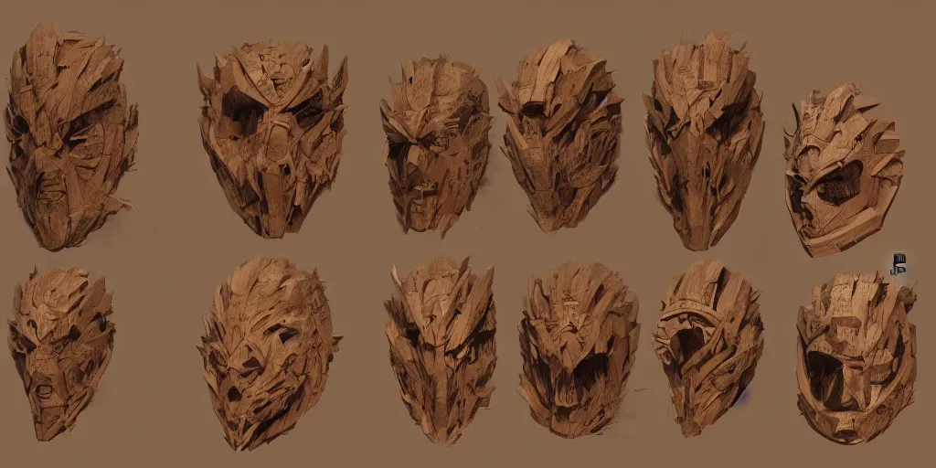 Image similar to wooden mask design, character sheet, Greg Rutkowski, Zabrocki, Karlkka, Jayison Devadas, trending on Artstation, 8K, ultra wide angle, zenith view, pincushion lens effect