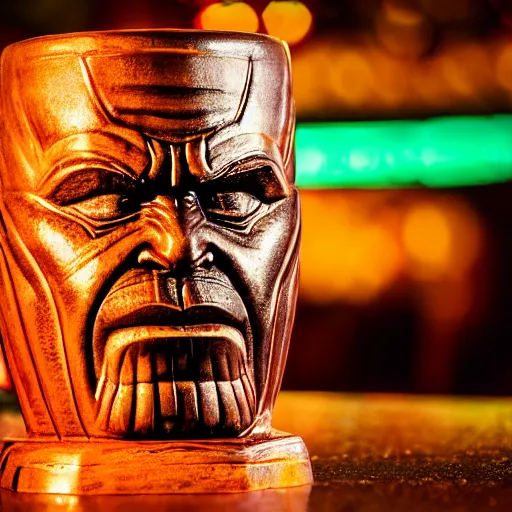 Image similar to a closeup photorealistic photograph of a glossy thanos style tiki mug sitting at a trader vic's bar featuring the face of thanos. tiki party. bright scene. fine detail. this 4 k hd image is trending on artstation, featured on behance, well - rendered, extra crisp, features intricate detail, epic composition and the style of unreal engine.