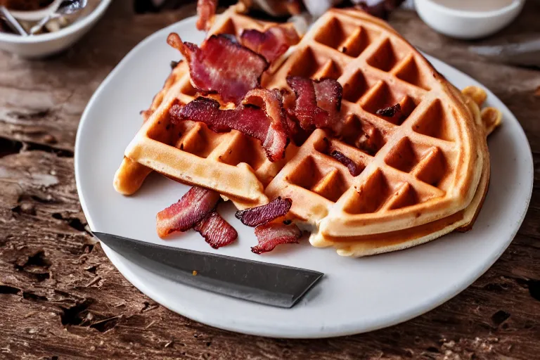 Image similar to product photography of a waffle, bacon, and knife