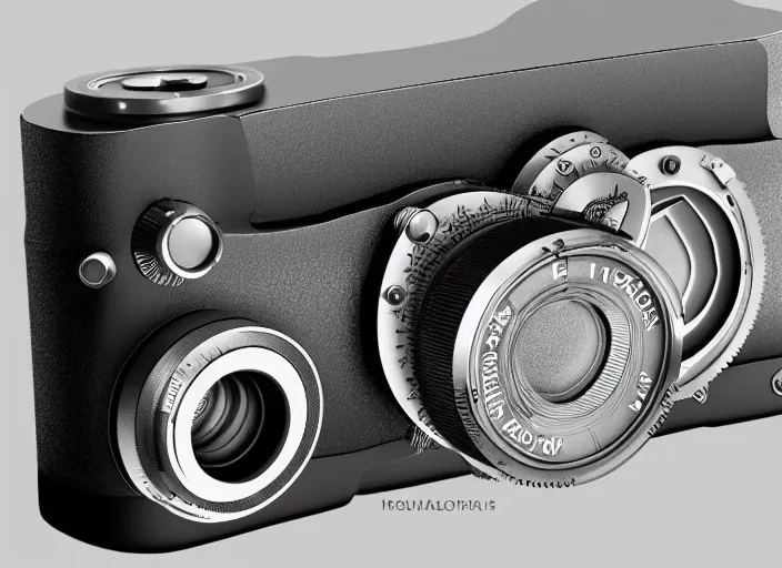 Image similar to modern rangefinder camera, front view, photoshop concept, digital art, illustration