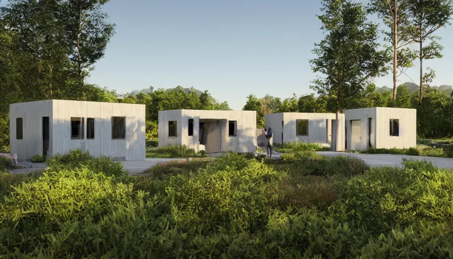 Prompt: A wide image of an eco-community neighborhood of innovative contemporary 3D printed prefab sea ranch style cabins with rounded corners and angles, beveled edges, made of cement and concrete, organic architecture, in a lush green eco community with side walks, parks and public space , Designed by Gucci and Wes Anderson, golden hour