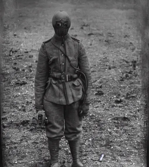 Image similar to man in a anti-radiation suit and gasmask, ww1 film photo, grainy, high detail, high resolution