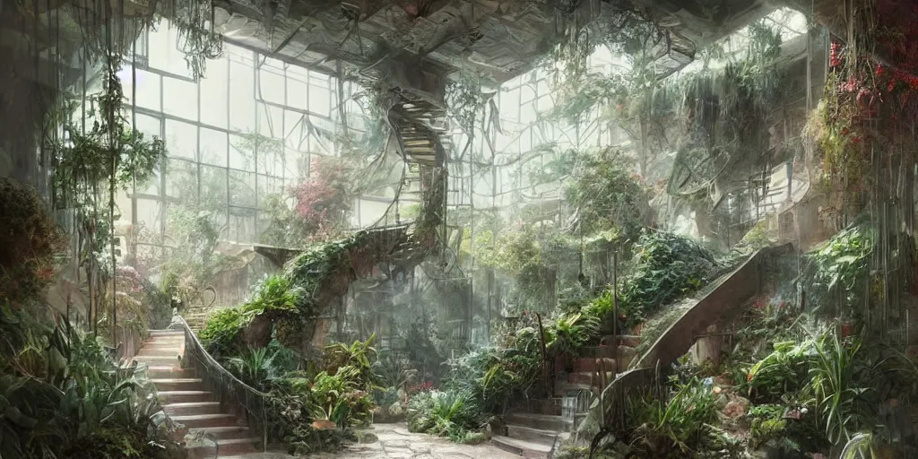 Prompt: photo of a stunning indoor garden. cozy. stairs. trending on artstation. cgsociety. art by greg rutkowski and moebius.