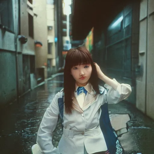 Image similar to 1990s perfect 8K HD professional cinematic photo of close-up japanese schoolgirl posing in sci-fi dystopian alleyway at morning during rain, at instagram, Behance, Adobe Lightroom, with instagram filters, depth of field, taken with polaroid kodak portra