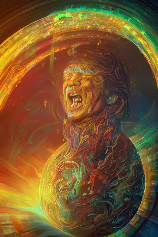 Prompt: portrait of trump drinking ayahuasca in a wormhole, psychedelic, by pablo amaringo, dramatic lighting, concept art, artstation