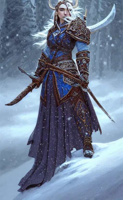 Image similar to azure viking warrior, regal, elegant, winter, snow, beautiful, stunning, hd, illustration, epic, d & d, fantasy, intricate, elegant, highly detailed, wide angle, digital painting, artstation, concept art, smooth, sharp focus, illustration, wallpaper, art by artgerm and greg rutkowski and alphonse mucha and jin xiaodi