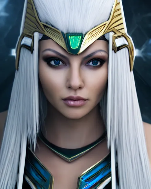 Image similar to perfect white haired attractive egyptian goddess, warframe armor, pharaoh headdress, beautiful, symmetric, dreamy, half asian, pretty face, green eyes, charlize theron, detailed, scifi platform, laboratory, experiment, 4 k, ultra realistic, epic lighting, android body, illuminated, cinematic, masterpiece, art by akihito tsukushi, voidstar