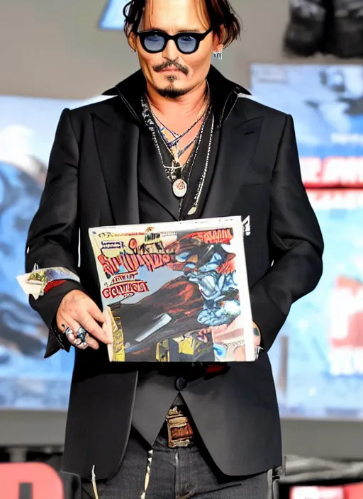 Prompt: johnny depp reading a comic book about a robot from