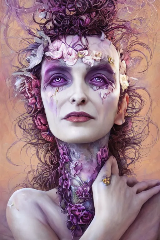 Image similar to closeup portrait shot of winona ryder as delirium of the endless, the sandman, the fairy queen, floral growth, thick fancy makeup, highly detailed, digital painting, artstation, concept art, soft focus, depth of field, artgerm, tomasz alen kopera, peter mohrbacher, donato giancola, wlop, boris vallejo