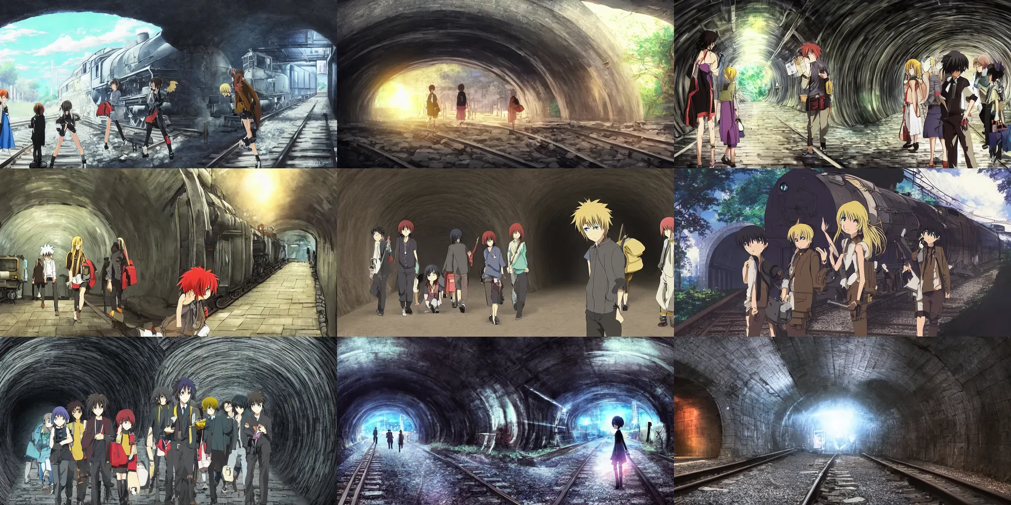 Prompt: anime movie scene, outside a dark train tunnel entrance