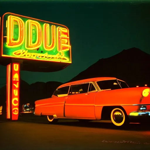 Image similar to kodachrome color photograph of a 1 9 5 0 s drive - in diner at night, neon - lights, googie architecture, americana
