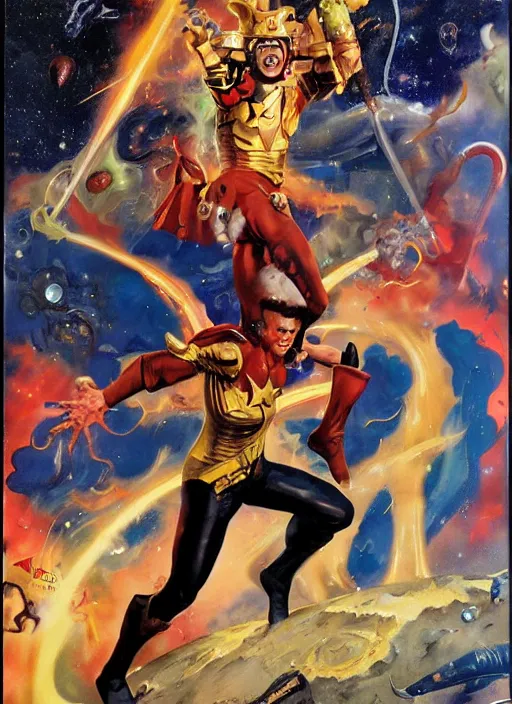 Image similar to full body and head portrait of javier badren as galactacus, dynamic action, painted by norman rockwell and phil hale and greg staples and tom lovell and frank schoonover and jack kirby