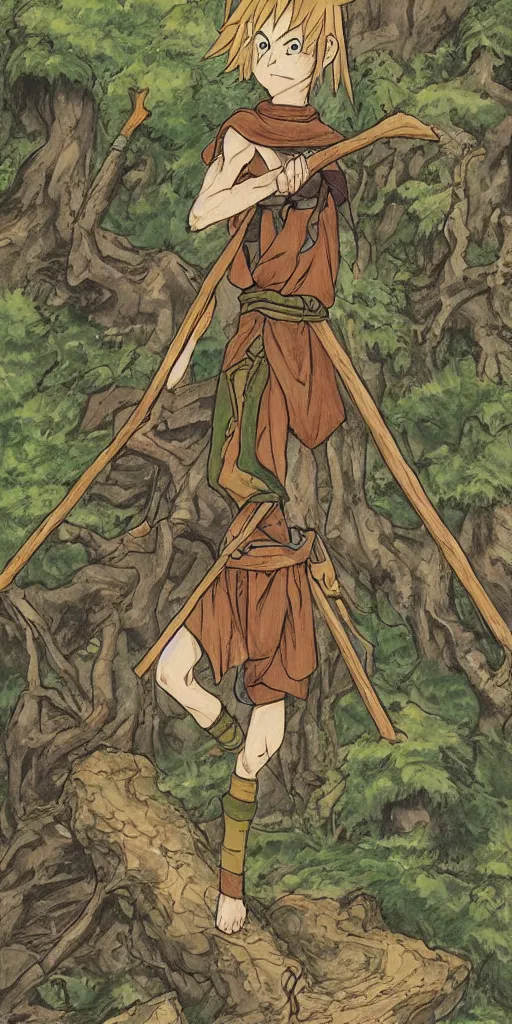 Image similar to an wood elf boy on the mountain side, anime style, tarot card, Tarot card the fool, fine line work, full color, earth tones, drawn by Hayao Miyazaki