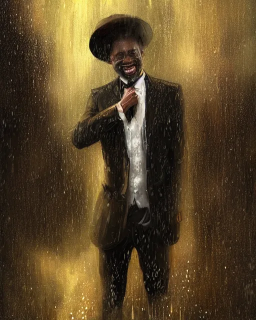 Image similar to a highly detailed portrait of black man smiling in the rain in a back tuxedo, intricate, digital painting, old english, raining, sepia, particles floating, whimsical background by marc simonetti, artwork by liam wong