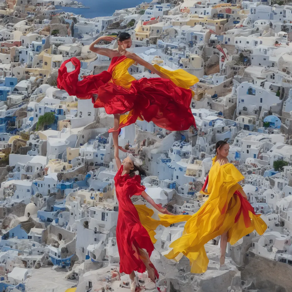 Image similar to beautiful modern dancer wearing a red and yellow and blue swirling dress, standing on a Santorini terrace looking at the ocean, artstation, cinematic, hyperrealistic, octane render, dynamic lighting
