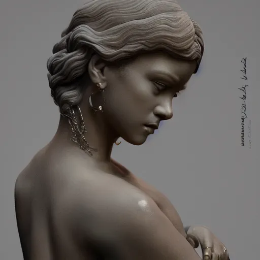 Prompt: side portrait of rihanna in the form of a greek sculpture in marble, baroque elements, museum. close - up view. intricate artwork by miguel angel. octane render. cinematic. 4 k. bokeh.