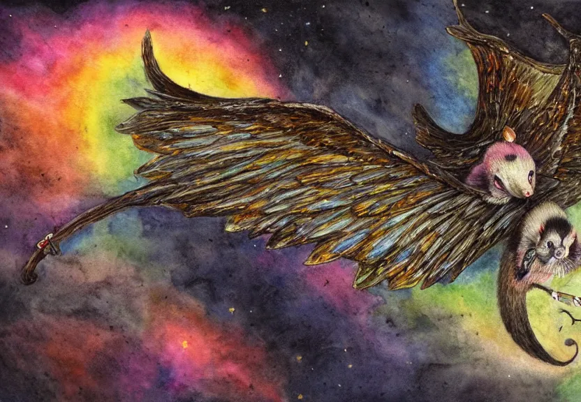 Image similar to legendary rainbow winged possum flying over a medieval castle at night under the dark starred sky, dark fantasy, watercolor, dreaming illusion, highly detailed, 4k, trending on Artstation