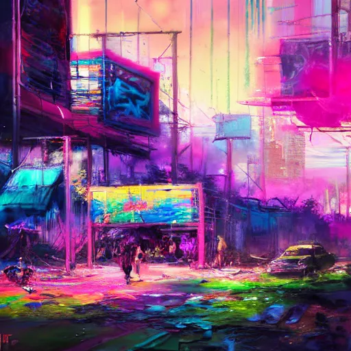 Prompt: acrylic painting, impressionism and expressionism, strong emotional impact, bold pastel colors, expressive brushstrokes, overall sense of movement in the composition. tie - dye hippie bohemian encampment with a garden. cyberpunk art by liam wong, cgsociety, panfuturism, cityscape, utopian art, anime aesthetic