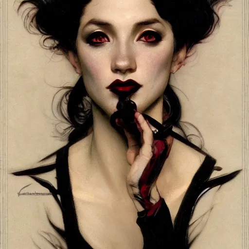 Prompt: portrait of a very beautiful vampire by Stanley Artgerm Lau , greg rutkowski, thomas kindkade, alphonse mucha, loish, norman rockwell, J. C. Leyendecker. dark black hair, pale skin, detailed eyes, red lips, facing the camera. Trending on artstation rule of thirds detailed ink painting hd 4k