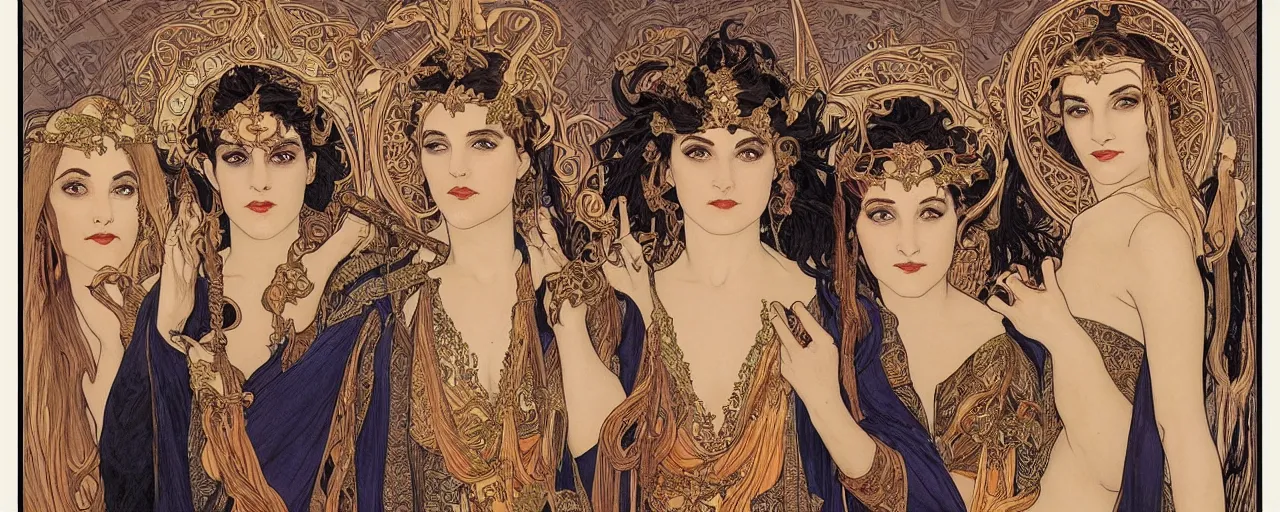 Prompt: stunning exotic art nouveau portrait of the three fates as beautiful mythological heavy metal sisters of the night by chris achilleos, michael kaluta and alphonse mucha, photorealism, extremely hyperdetailed, perfect symmetrical facial features, perfect anatomy, ornate intricate declotage, spikes, confident expression, wry smile, eldritch powers, witchcraft