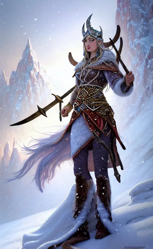 Image similar to opal viking warrior, regal, elegant, winter, snow, beautiful, stunning, hd, illustration, epic, d & d, fantasy, intricate, elegant, highly detailed, wide angle, digital painting, artstation, concept art, smooth, sharp focus, illustration, wallpaper, art by artgerm and greg rutkowski and alphonse mucha and jin xiaodi