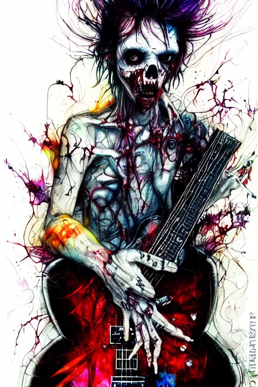 Image similar to zombie punk rocker playing guitar by agnes cecile, brian froud, intricated details, 3 / 4 view, full body portrait, extremely luminous bright design, horror, pastel colours, toxic drips, autumn lights