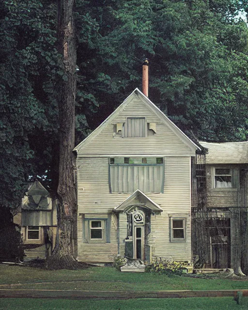 Prompt: the exterior of a house in devonshire that was built in the 1 9 7 0 s and is rumoured to be haunted, painterly, offset printing technique, photographed on kodachrome by brom, robert henri, walter popp, cinematic lighting, various refining methods, micro macro autofocus, ultra definition, award winning photo