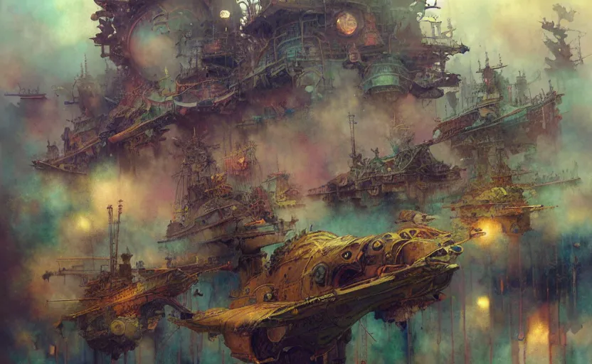 Image similar to airshps fleet, fantasy, steampunk. intricate, amazing composition, colorful watercolor, by ruan jia, by maxfield parrish, by marc simonetti, by hikari shimoda, by robert hubert, by zhang kechun, illustration, gloomy