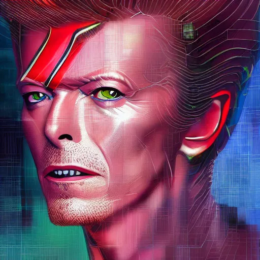 Prompt: A portrait of David Bowie, by Stanley Artgerm Lau, WLOP, Rossdraws, James Jean, Andrei Riabovitchev, Marc Simonetti, and Sakimichan, trending on artstation with a blend of manga-style art, augmented with vibrant composition and color, all filtered through a cybernetic lens, studio lighting, lit by flashing pixel light, cinematic lightning, medium shot, mid-shot, highly detailed, trending on artstation, Unreal Engine 4k, cinematic wallpaper