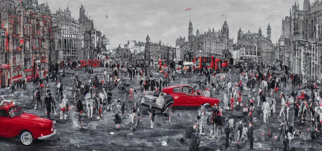 Image similar to A British European City with cars and people roaming inside of the city, certain aspects of the background are lens blurred, splatters of red on the border of the image, some of the people are even painted red, black and white photograph painting, real life, realistic, hyperrealistic, very realistic, photo photograph, photo, photograph, painting, oil painting, ultra realistic, very detailed, extremely detailed, highly detailed, HD Quality, 4k resolution, 8k resolution, trending on artstation, in the style of an Album Cover, cool, epic, nostalgic, intricate details